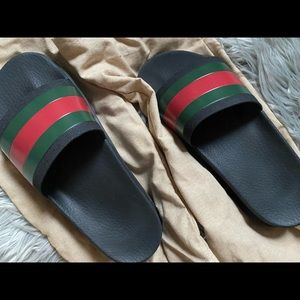 GUCCI Men's Web Rubber Slide Sandal, Green, Rubber